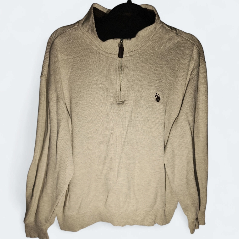 U.S. POLO ASSN. | Preppy Light Acadamia Men's Cream Zip-Up Ivory Sweater | XXL